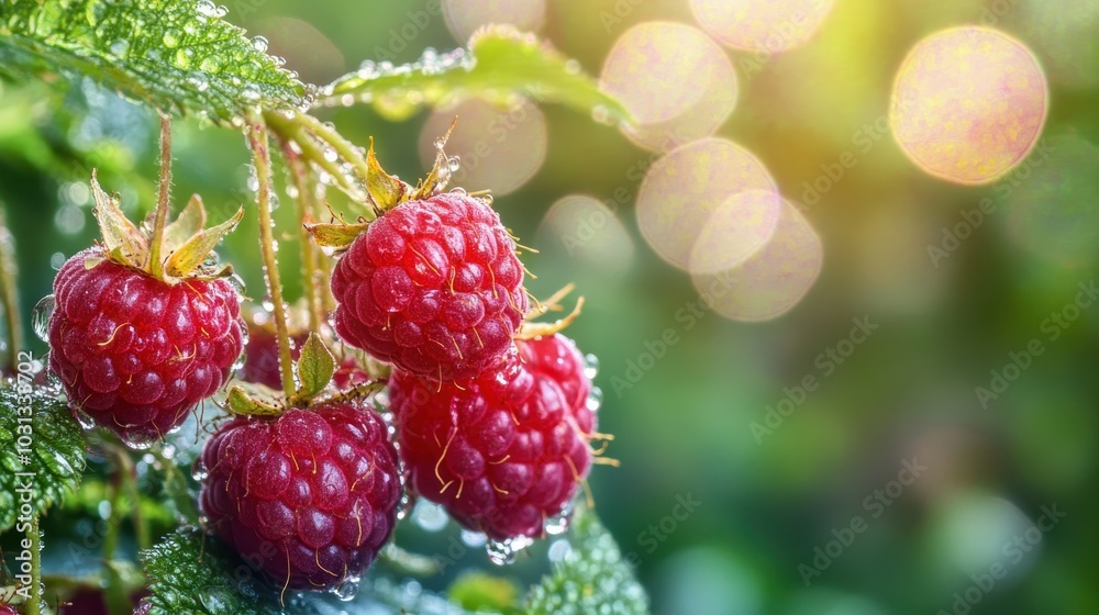 Poster a bunch of red raspberries hanging from a tree
