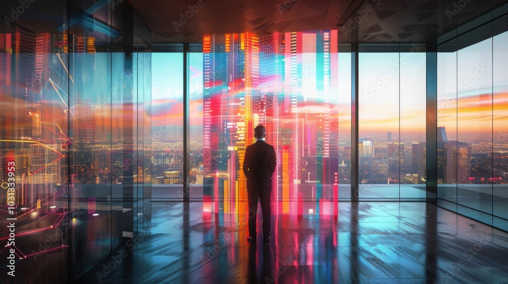 Aufkleber a man is standing in front of a window looking out at a city. the city is lit up with neon lights an