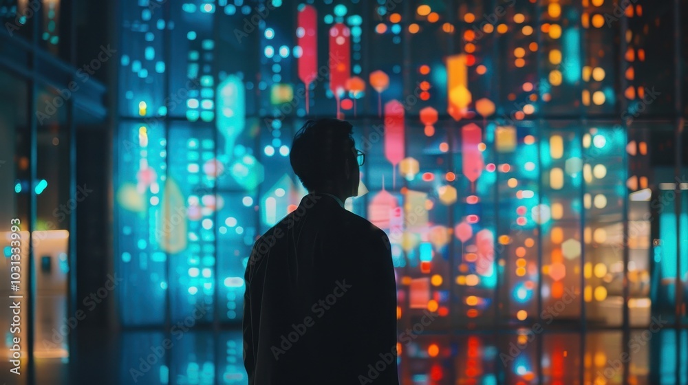 Fototapete a man stands in front of a colorful building, looking out the window. the building is lit up with br