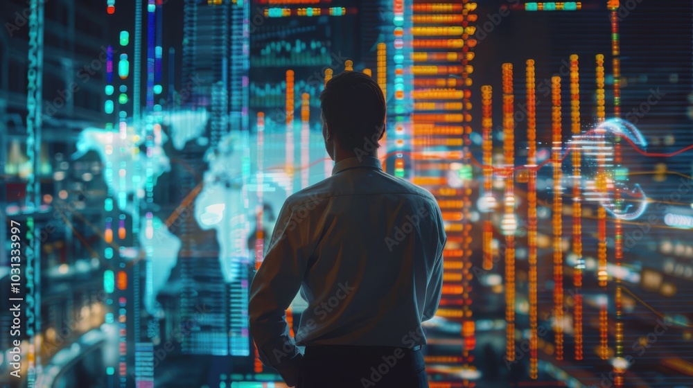 Leinwandbilder a man stands in front of a computer screen with a map of the world and a city skyline. the man is lo