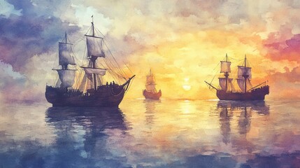 Obraz premium Christopher Columbus' ships Nina, Pinta, and Santa Maria sail across a calm ocean at sunrise in detailed watercolor style