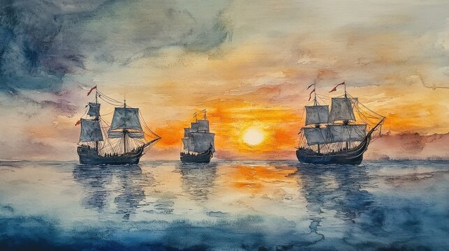 Christopher Columbus' ships Nina, Pinta, and Santa Maria sailing across a calm ocean during a vibrant sunrise in watercolor style
