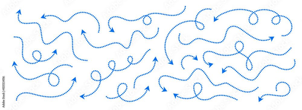 Poster Comic dotted thin arrow set. Blue curved dashed pointer collection. Squiggle sketchy direction lines. Dots squiggle loop stripe design elements bundle for flyer, poster, brochure, banner. Vector