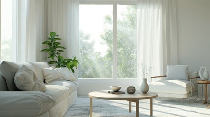 A living room with a white couch, a coffee table, and a vase. The room is bright and airy, with a large window letting in plenty of natural light. The white furniture and decor give the room a clean
