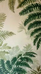 Hand-painted botanical wallpaper featuring intricate green ferns creating a serene nature-inspired ambiance in a cozy indoor space