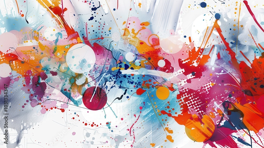 Poster bold modern art wallpaper featuring vibrant splashes and dynamic patterns set against a bright backg