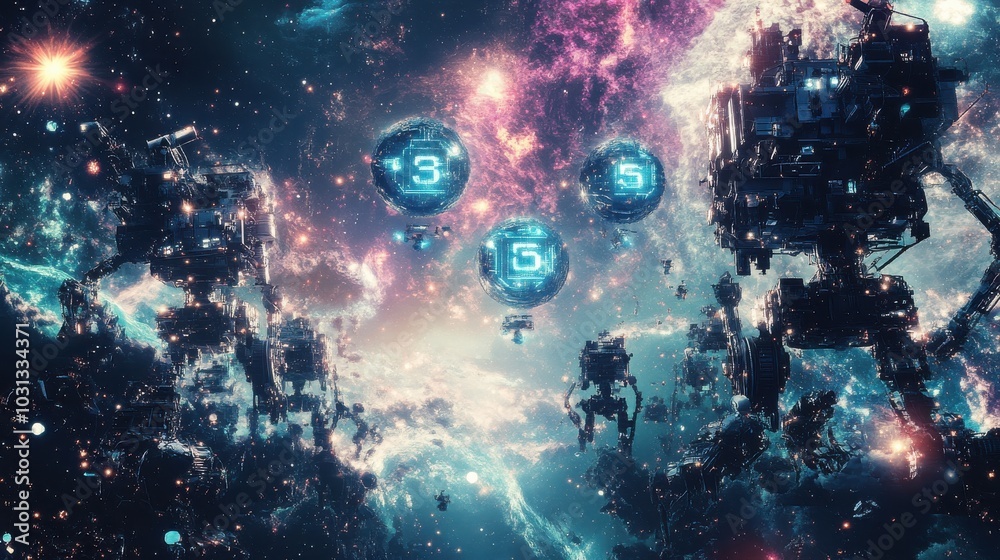 Fototapete a space scene with a group of robots and a few spaceships