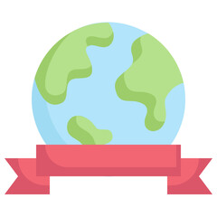 A simple, cartoon illustration of the Earth with green continents and blue oceans.