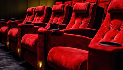 Obraz premium This image showcases a row of plush red cinema chairs, designed for comfort in a modern theater setting. The vibrant color enhances the inviting ambiance.