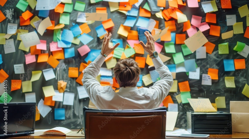 Poster Office worker engaged in creative brainstorming surrounded by colorful sticky notes in a lively workspace during the day