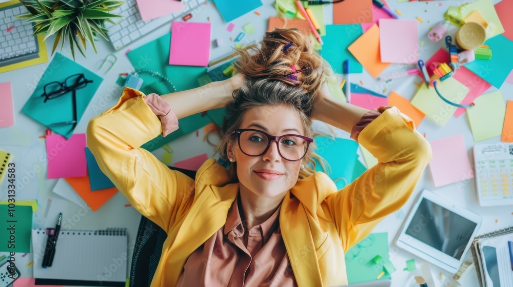 Poster an office worker surrounded by colorful notes enjoys a moment of relaxation while planning her tasks