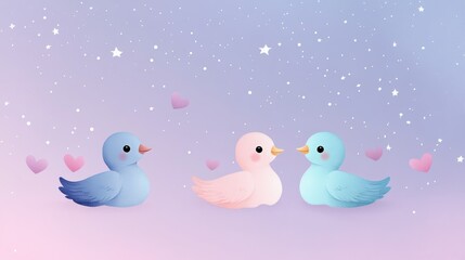 Abstract art of some ducks with pastel panorama background, cute combination of imagination in the eyes of children, pink and red colors, background concept on children's day