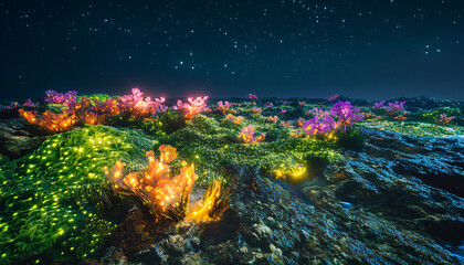 Fototapeta premium A coastal garden submerged by the tide each day, where bioluminescent seaweed blooms underwater during high tide and drapes the rocks in vibrant green during low tide