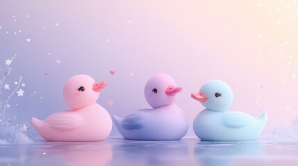 Abstract art of some ducks with pastel panorama background, cute combination of imagination in the eyes of children, pink and red colors, background concept on children's day