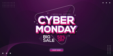 Cyber Monday sale banner with purple and line gradient background great for business promotion