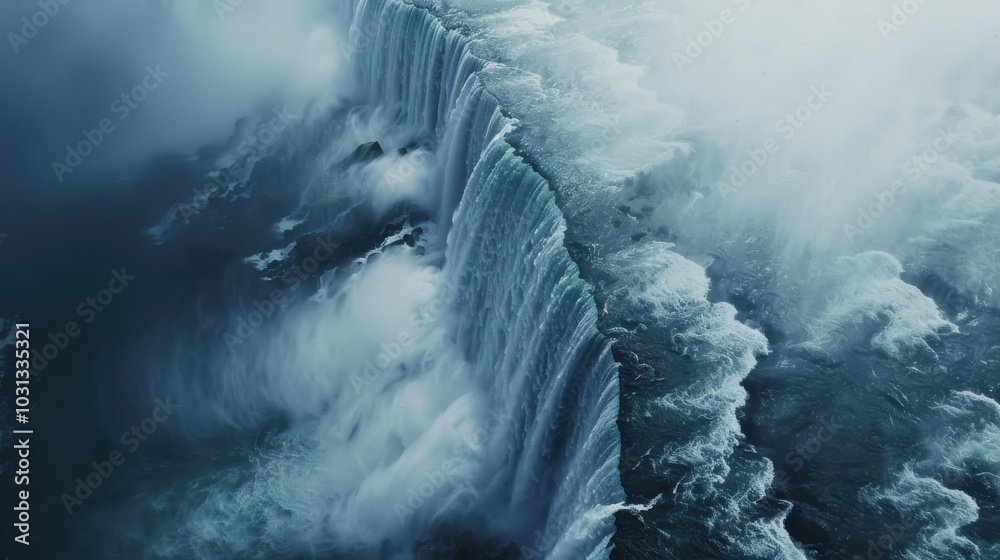 Poster A waterfall is shown in the distance with a misty, cloudy sky in the background. The water is crashing down the side of a cliff, creating a powerful and majestic scene