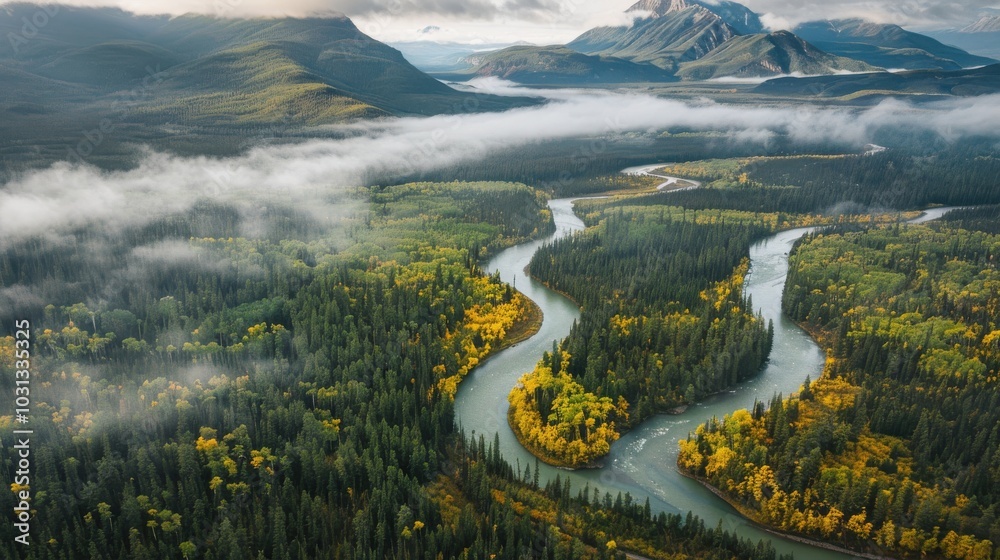 Poster a beautiful river surrounded by lush green trees on both sides. the sky above is cloudy, creating a 