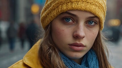 A beautiful girl in a sweater and winter hat gazes at the camera, showcasing her captivating blue eyes in a cozy winter setting.