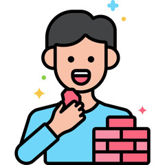 Cartoon illustration of a man eating a piece of cake.