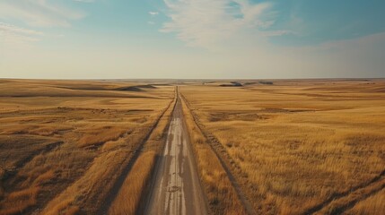 Fototapeta premium A long road stretches across a dry, barren landscape. The sky is clear and blue, and the sun is shining brightly. The road is empty, with no cars or people in sight. The scene is peaceful and serene