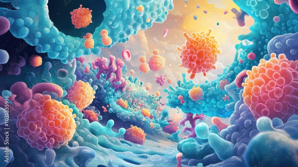 Poster A colorful image of a cell with many different colored spheres