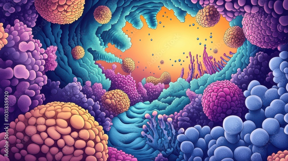 Poster a colorful underwater scene with many different types of sea creatures