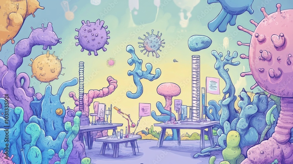 Aufkleber A colorful cartoon of a lab with a ruler and a microscope