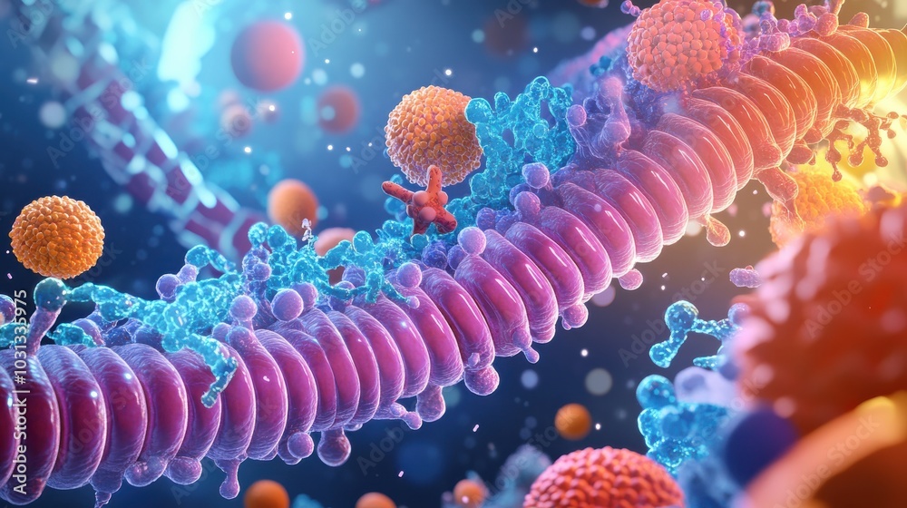 Poster a colorful image of a cell with a pink and blue stem and a bunch of red