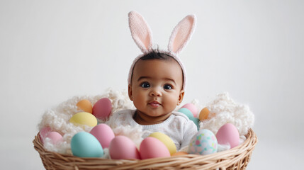 Adorable baby with bunny ears having fun during easter in a basket of colorful eggs