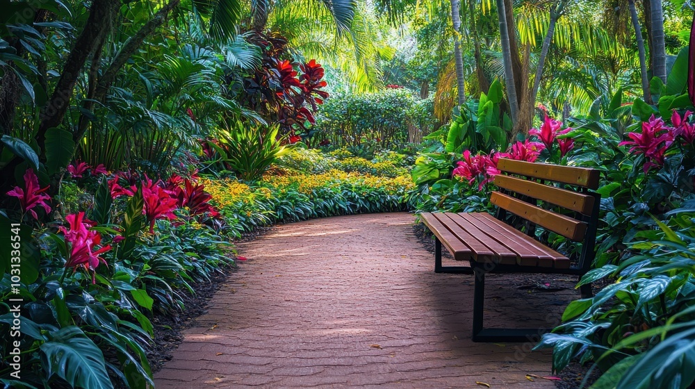 Poster a path with a bench in the middle of a lush green garden