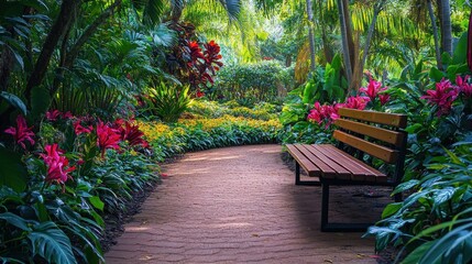 Obraz premium A path with a bench in the middle of a lush green garden