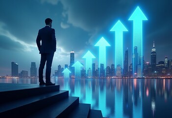 Concept of Success and Growth: Businessman Overlooking a Futuristic Cityscape at Night with Glowing Blue Arrows Pointing Upward from Stairs