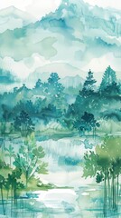 Watercolor landscape depicting a tranquil lake surrounded by lush trees and distant mountains under soft, natural light in a serene setting