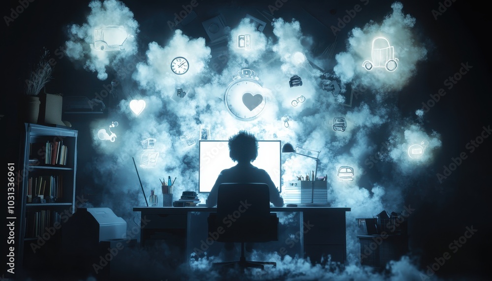 Aufkleber a person is sitting at a computer desk in a room with a lot of smoke and a lot of icons on the scree