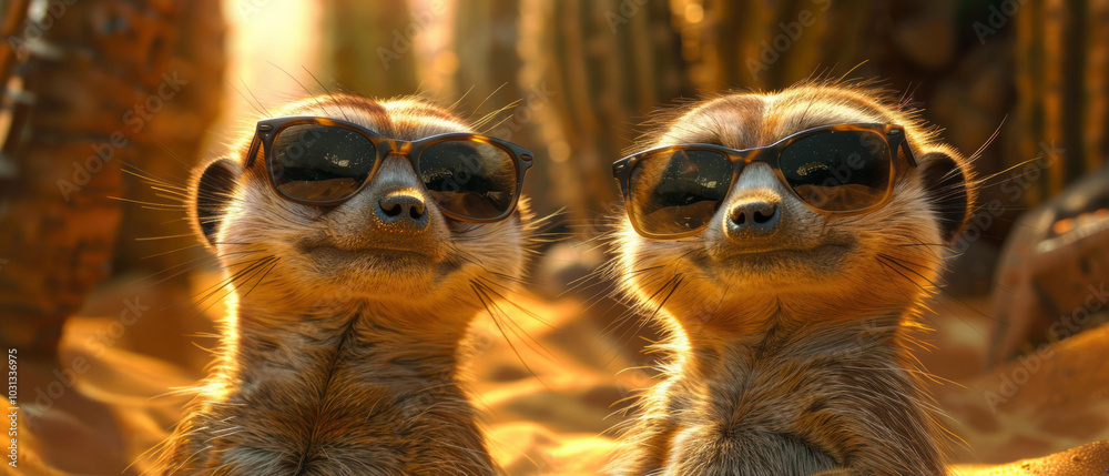 Poster Two meerkats wearing sunglasses. AI.