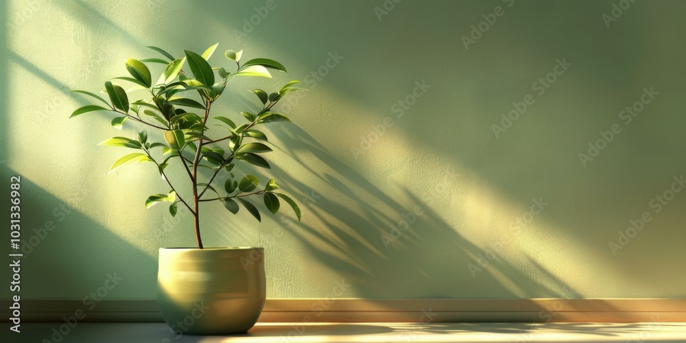 Wall mural A potted plant sits in the corner of a room, bathed in sunlight. AI.