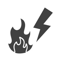 A black and white illustration of a fire and a lightning bolt, with a white background.