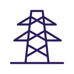 Simple blue line art illustration of a power line tower on a white background.