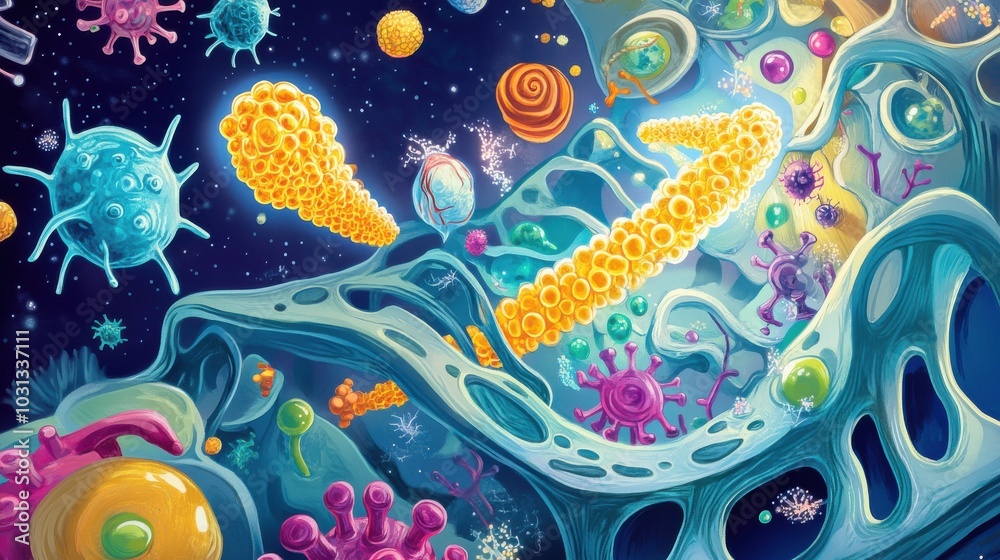 Poster A colorful drawing of a cell with many different types of bacteria and viruses