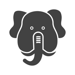 Simple black and white illustration of an elephant's face with big ears, eyes, and a trunk.