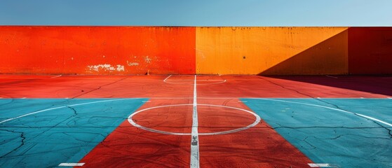 A colorful basketball court with a bright blue sky. AI.