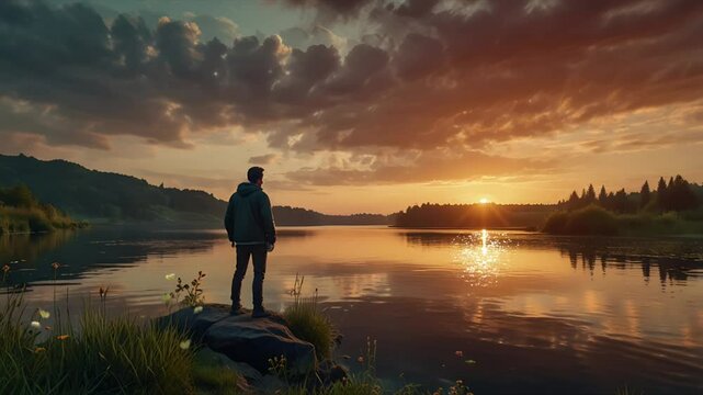 A man stands on the edge of a lake at sunset. Seamless 4K looping timelapse video animation background