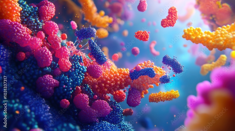 Poster a colorful explosion of multicolored spheres in a blue background