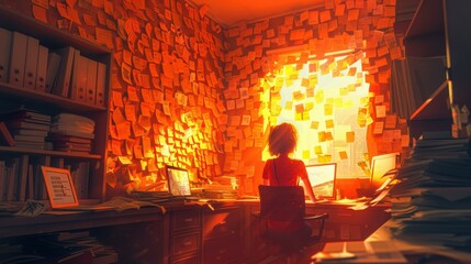 Fototapeta premium A person sits at their desk, surrounded by notes and paperwork. The window behind them is filled with sticky notes. AI.
