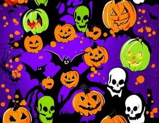 Colorful Halloween decorations featuring carved pumpkins, bats, and skulls on a purple background with spider webs