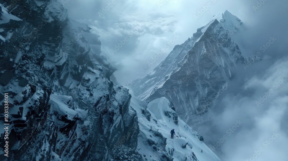 Poster a climber navigating the snowy terrain of the north face during a cloudy day in a breathtaking mount