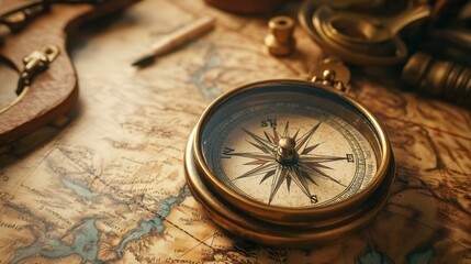 A compass is on a map with a pen and a ruler. The compass is pointing to the right