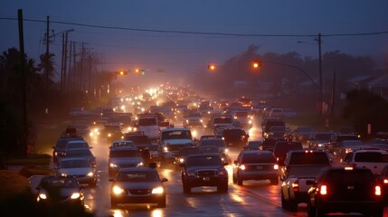 Evacuating a coastal town in Florida amid heavy traffic and dark skies ahead of an approaching hurricane