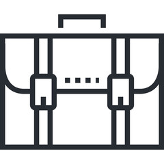 Black and white outline illustration of a suitcase with a handle and straps.