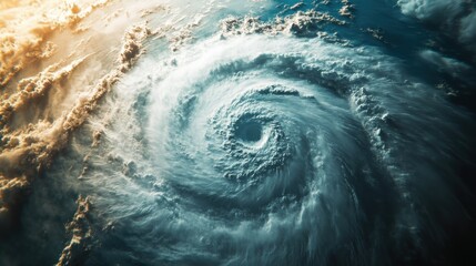 Satellite view of a massive hurricane swirling over the Atlantic Ocean displaying a clear eye of the storm
